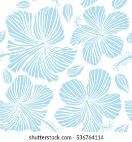 Hibiscus flowers on a white background in a trendy vector style. Hawaiian tropical natural floral seamless pattern in neutral colors.