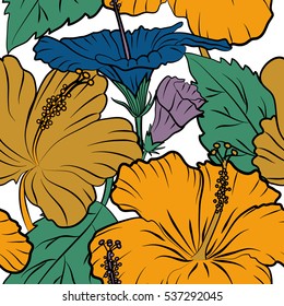 Hibiscus flowers on white background in green and yellow colors.