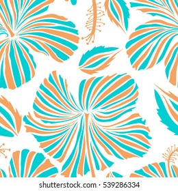 Hibiscus flowers on a white background in a trendy vector style. Hawaiian tropical natural floral seamless pattern in white and blue colors.