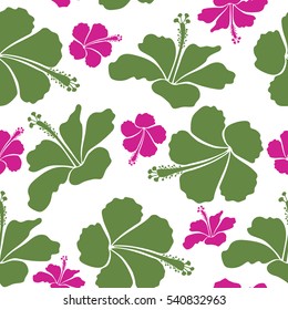 Hibiscus flowers on white background in magenta and green colors.