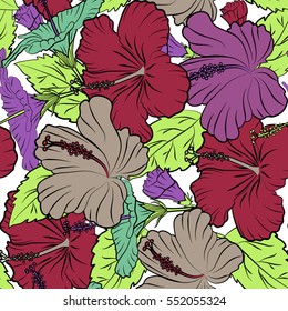 Hibiscus flowers on white background in violet, red and green colors.