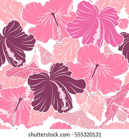 Hibiscus flowers on a white background in a trendy vector style. Hawaiian tropical natural floral seamless pattern in purple and pink colors.