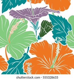 Hibiscus flowers on white background in green and orange colors.