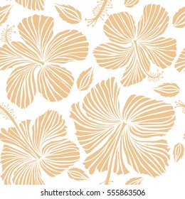 Hibiscus flowers on a white background in a trendy vector style. Hawaiian tropical natural floral in beige colors.