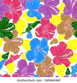 Hibiscus flowers on white background in violet, pink and yellow colors.