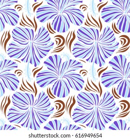 Hibiscus flowers on white background in brown and violet colors.