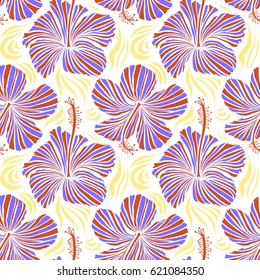 Hibiscus flowers on white background in orange, yellow and violet colors.
