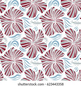 Hibiscus flowers on a white background in a trendy vector style. Hawaiian tropical natural floral seamless pattern in blue, red and gray colors.
