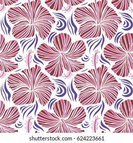 Hibiscus flowers on a white background in a trendy vector style. Hawaiian tropical natural floral seamless pattern in pink, violet and red colors.