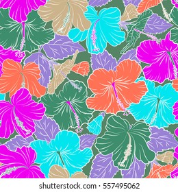 Hibiscus flowers in orange, green and violet colors.