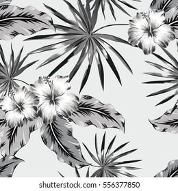 Hibiscus flowers and palm leaves background. Tropical vector seamless pattern. Black and white illustration.