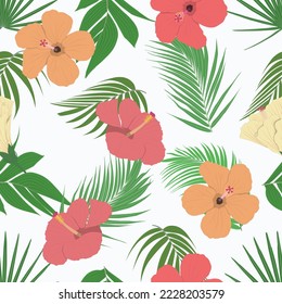 Hibiscus flowers and palm leaves tropical repeat pattern. For wallpaper, fabric and other print products.