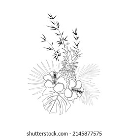 hibiscus flowers and palm leaves, vector art