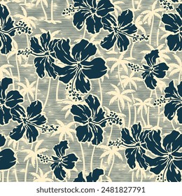 Flores de hibisco con fondo de palmera Vector grunge floral sin patrón para tela camisa toalla mantel almohada envoltura