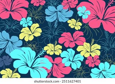 Hibiscus flores Padrão. Padrão sem emenda havaiano. Flores e Folhas tropicais. Camisa Havaiana Aloha. Design para tecido, têxtil, papel de parede, roupas. fundo floral. ilustração vetorial