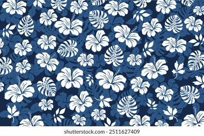 Patrón de flores de hibisco. Patrón inconsútil hawaiano. Flores y hojas tropicales. Camisa hawaiana Aloha. Diseño para tela, textil, Fondo de pantalla, ropa. fondo floral. Ilustración vectorial