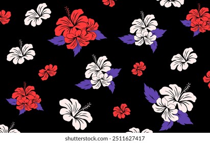 Hibiscus flores Padrão. Padrão sem emenda havaiano. Flores e Folhas tropicais. Camisa Havaiana Aloha. Design para tecido, têxtil, papel de parede, roupas. fundo floral. ilustração vetorial