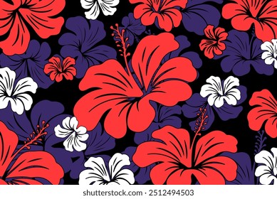 Hibiscus flores Padrão. Padrão sem emenda havaiano. Flores e Folhas tropicais. Camisa Havaiana Aloha. Design para tecido, têxtil, papel de parede, roupas. fundo floral. ilustração vetorial