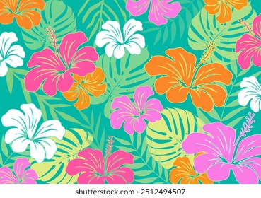 Hibiscus flowers Pattern. Hawaiian Seamless Pattern. Tropical flowers and Leaves. Hawaiian Aloha Shirt. Design for fabric, textile, wallpaper, clothing. floral background. vector illustration