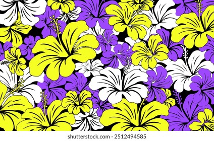 Hibiscus flores Padrão. Padrão sem emenda havaiano. Flores e Folhas tropicais. Camisa Havaiana Aloha. Design para tecido, têxtil, papel de parede, roupas. fundo floral. ilustração vetorial