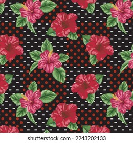 Patrón de flores de Hibiscus en el fondo de la polka y rayas discontinuas