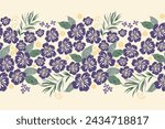 Hibiscus Flowers pattern seamless embroidery ethnic batik vintage Flower motifs paisley print template. Blue purple flowers ikat design hand drawn. Vector illustration. 