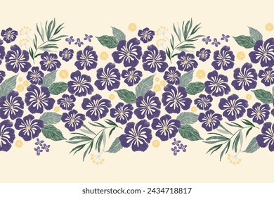 Floral Ikat Muster nahtlose Stickerei ethnische Batik Vintage Blumen Motive Paisley Print Vorlage. Blaue violette Blumen Design von Hand gezeichnet. Vektorgrafik. 