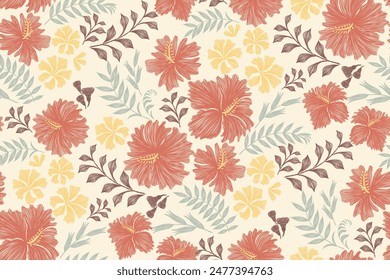 Hibiscus Flowers pattern seamless embroidery texture vintage retro boho Flower motifs paisley print template. Red yellow flowers ikat design hand drawn. Vector illustration. 