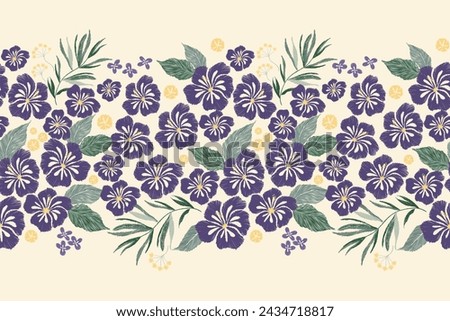 Hibiscus Flowers pattern seamless embroidery ethnic batik vintage Flower motifs paisley print template. Blue purple flowers ikat design hand drawn. Vector illustration. 