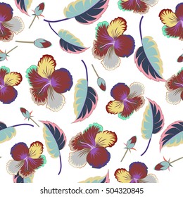 Hibiscus flowers pattern. Watercolor painting effect, vector illustration of hibiscus flowers, blossom with leaves isolated hand drawn on white background.