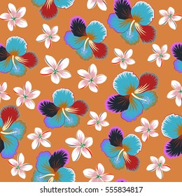 Hibiscus flowers pattern. Watercolor painting effect, vector illustration of hibiscus flowers, blossom with leaves isolated hand drawn on orange background.