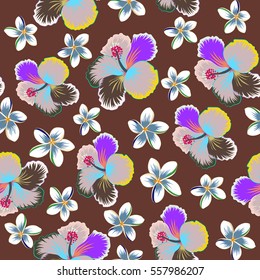 Hibiscus flowers pattern. Watercolor painting effect, vector illustration of hibiscus flowers, blossom with leaves isolated hand drawn on brown background.