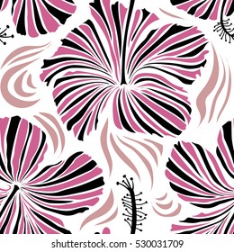 Hibiscus flowers in pink and black colors. Watercolor painting effect, vector illustration of a hibiscus flower, blossom with multicolored leaves isolated hand drawn on white background.