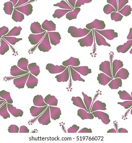 Hibiscus flowers in pink and green colors. Watercolor painting effect, vector illustration of a hibiscus flower, blossom with multicolored leaves isolated hand drawn on white background.