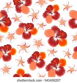 Hibiscus flowers in pink, red and orange colors. Watercolor painting effect, vector illustration of a hibiscus flower, blossom with multicolored leaves isolated hand drawn on white background.