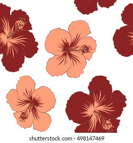Hibiscus flowers in red colors. Watercolor painting effect, vector illustration of a hibiscus flower, blossom with multicolored leaves isolated hand drawn on white background.