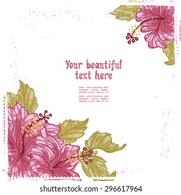 Hibiscus flowers retro card. All elements of composition located on separate layers and can be easy editable