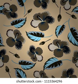Hibiscus flowers seamless pattern in beige, gray and green colors. Cute vector floral background.