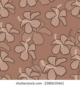 Hibiscus flowers seamless pattern. Floral surface pattern design of tropical flowers. Allover print flowery texture on coffee mocha brown color background. 