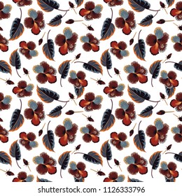 Hibiscus flowers seamless pattern in gray, white and brown colors. Cute vector floral background.