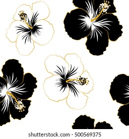 Hibiscus flowers seamless pattern on a white background in black colors.
