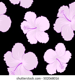 Hibiscus flowers seamless pattern on a black background in neutral colors.