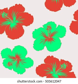 Hibiscus flowers seamless pattern on a beige background.