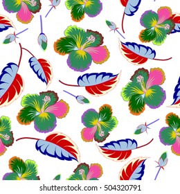 Hibiscus flowers seamless pattern on a white background.