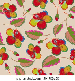 Hibiscus flowers seamless pattern on a beige background.