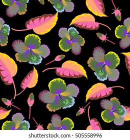 Hibiscus flowers seamless pattern on a black background.