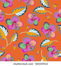 Hibiscus flowers seamless pattern on a orange background.