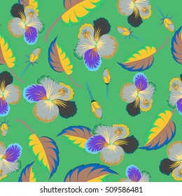 Hibiscus flowers seamless pattern on a green background.