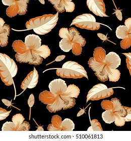 Hibiscus flowers seamless pattern on a black background in beige colors.