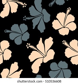 Hibiscus flowers seamless pattern on a black background in beige and blue colors.